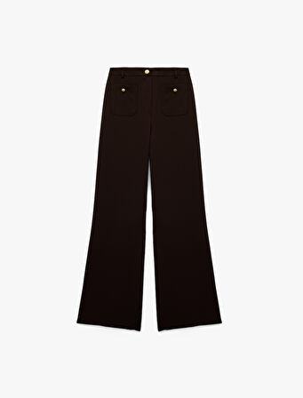 Düğme Detaylı Aplike Cepli Düz Bol Paça Kumaş Pantolon