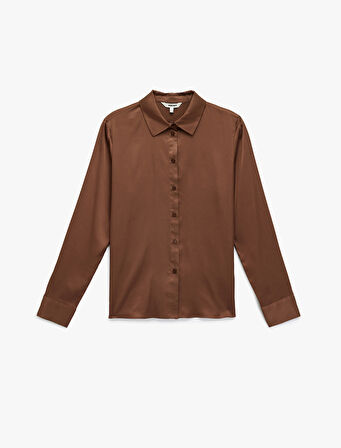 Regular Fit Düğmeli Uzun Kollu Saten Gömlek