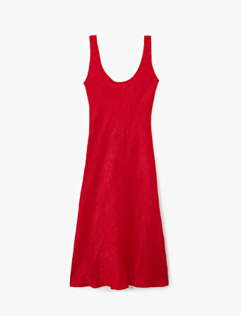 Slim Fit Kolsuz U Yaka Kalın Askılı Uzun Saten Elbise