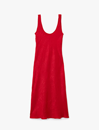 Slim Fit Kolsuz U Yaka Kalın Askılı Uzun Saten Elbise