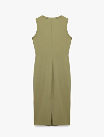 Krep Kumaş Bisiklet Yaka Kolsuz Bağlama Detaylı Midi Boy Kalem Elbise