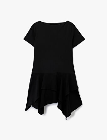 Kayık Yuvarlak Yaka Kısa Kollu Asimetrik Kesim Mini Tişört Elbise