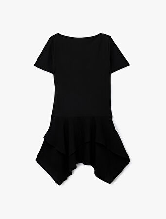 Kayık Yuvarlak Yaka Kısa Kollu Asimetrik Kesim Mini Tişört Elbise