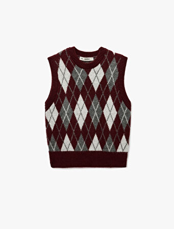 Bisiklet Yaka Kolsuz Triko Baklava Desenli Yelek