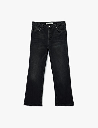 Yüksek Bel Dar Kalıp Düğmeli Cepli İspanyol Paça Crop Jean Pantolon - Flare Jeans