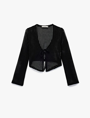 V Yaka Uzun Kollu Önden Bağlamalı Ajurlu Hırka