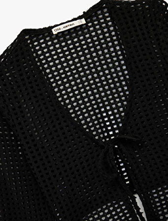 V Yaka Uzun Kollu Önden Bağlamalı Ajurlu Hırka