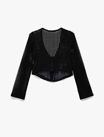 V Yaka Uzun Kollu Önden Bağlamalı Ajurlu Hırka