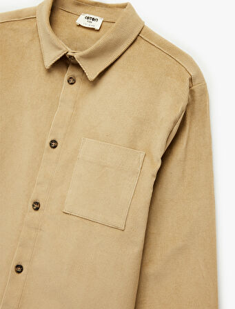 Pamuklu Uzun Kollu Cepli Düğmeli Kadife Gömlek