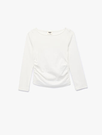 Büzgülü Kayık Yaka Uzun Kollu Pamuklu Tişört