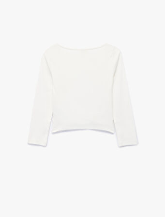 Büzgülü Kayık Yaka Uzun Kollu Pamuklu Tişört