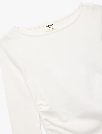 Büzgülü Kayık Yaka Uzun Kollu Pamuklu Tişört