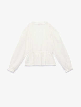 V Yaka Uzun Kollu Fırfırlı Pamuklu Oversize Gömlek