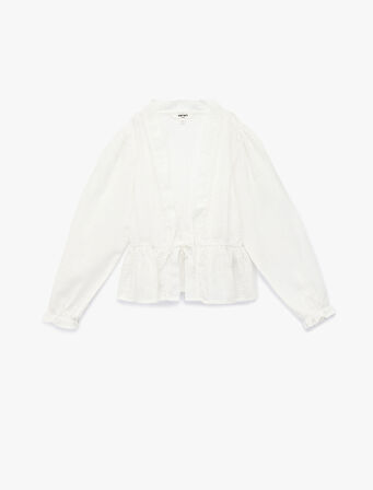 V Yaka Uzun Kollu Fırfırlı Pamuklu Oversize Gömlek