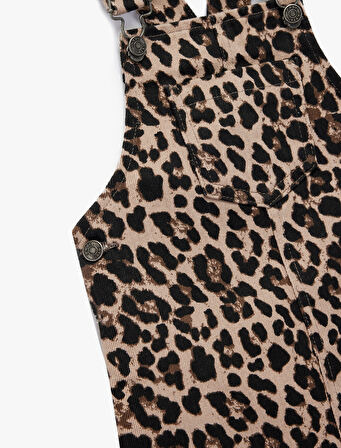 Leopar Desenli Cepli Kare Yaka Pamuklu Denim Jile Elbise