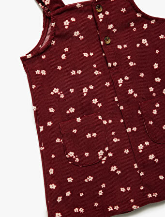 Kare Yaka Askılı Cep Detaylı Düğmeli A Kesim Çiçekli Elbise