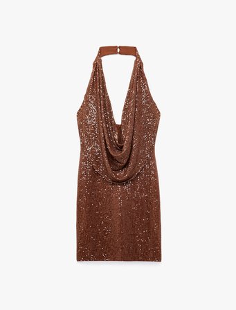 Pullu Payetli Slim Fit Degaje Yaka Kolsuz Mini Abiye Elbise