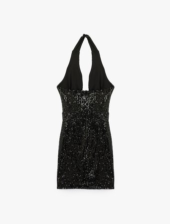 Pullu Payetli Slim Fit Degaje Yaka Kolsuz Mini Abiye Elbise