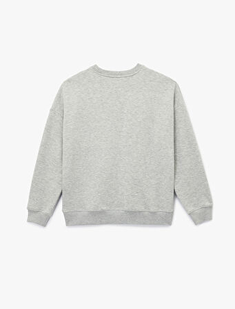Uzun Kollu Bisiklet Yaka Peluş Aplike Detaylı Baskılı Sweatshirt