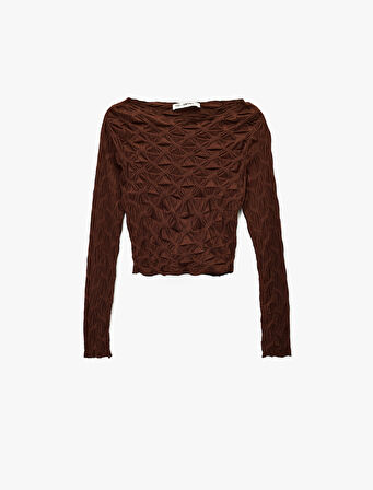 Uzun Kollu Dokulu Kayık Yaka Slim Fit Crop Tişört