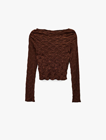 Uzun Kollu Dokulu Kayık Yaka Slim Fit Crop Tişört