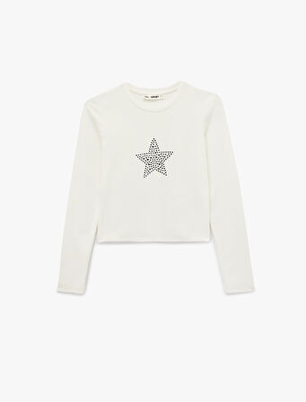 Pamuklu Slim Fit Uzun Kollu Bisiklet Yaka Yıldız İşlemeli Tişört