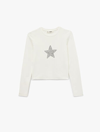 Pamuklu Slim Fit Uzun Kollu Bisiklet Yaka Yıldız İşlemeli Tişört