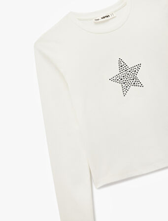 Pamuklu Slim Fit Uzun Kollu Bisiklet Yaka Yıldız İşlemeli Tişört