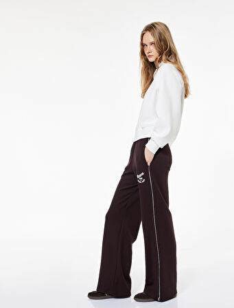 Pamuklu Şardonlu Biyeli Baskılı Beli Lastikli Geniş Paça Eşofman Altı