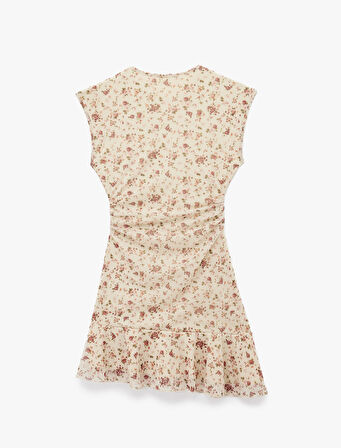 Kolsuz Asimetrik Bisiklet Yaka Drapeli Mini Çiçekli Elbise