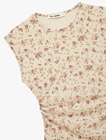 Kolsuz Asimetrik Bisiklet Yaka Drapeli Mini Çiçekli Elbise