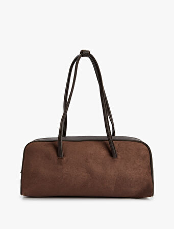 Fermuarlı Saplı Suni Süet Deri Görünümlü Büyük Omuz Çantası