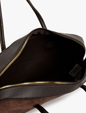 Fermuarlı Saplı Suni Süet Deri Görünümlü Büyük Omuz Çantası