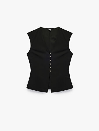 Krep Scuba Kumaş Slim Fit Peplum Kesim Düğmeli V Yaka Yelek