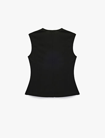 Krep Scuba Kumaş Slim Fit Peplum Kesim Düğmeli V Yaka Yelek