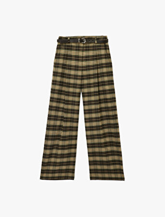 Kemer Detaylı Cepli Geniş Paça Ekose Pantolon