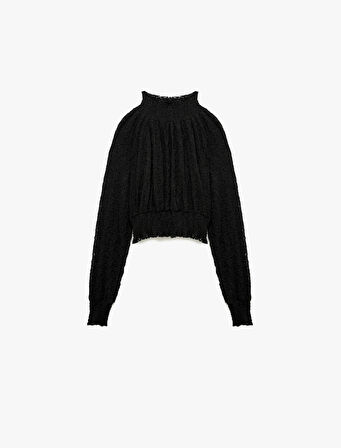 Gipeli Uzun Balon Kollu Dik Yaka Crop Dantelli Bluz