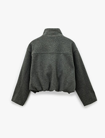 Dik Yaka Uzun Kollu Cepli Fermuarlı Oversize Bomber Ceket