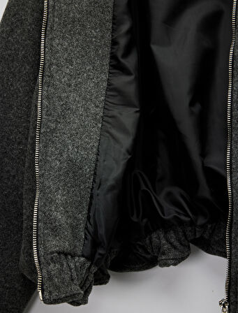 Dik Yaka Uzun Kollu Cepli Fermuarlı Oversize Bomber Ceket