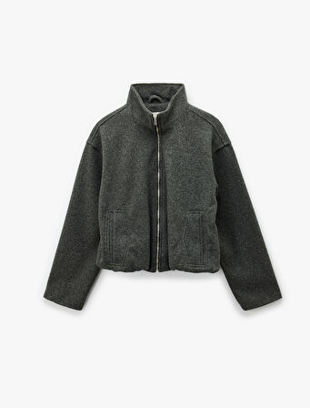 Dik Yaka Uzun Kollu Cepli Fermuarlı Oversize Bomber Ceket