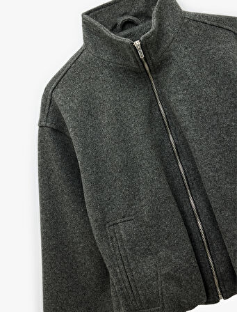 Dik Yaka Uzun Kollu Cepli Fermuarlı Oversize Bomber Ceket