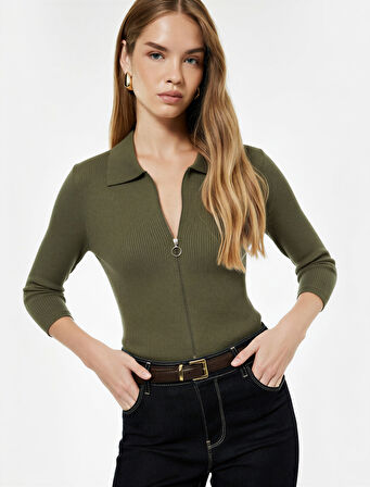 Fermuarlı Slim Fit Gömlek Yaka Kaşkorse Uzun Kollu Tişört