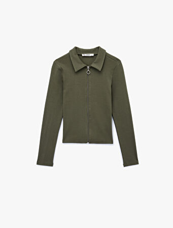 Fermuarlı Slim Fit Gömlek Yaka Kaşkorse Uzun Kollu Tişört