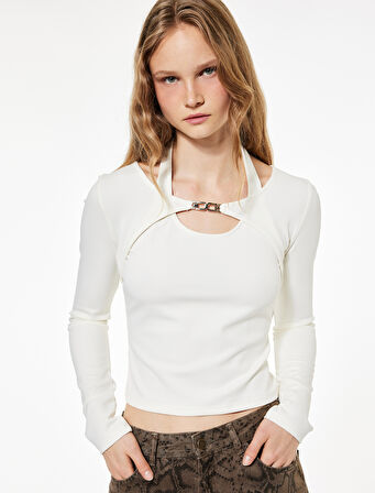 Slim Fit Uzun Kollu Metal Aksesuarlı Pencere Detaylı Halter Yaka Tişört