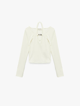 Slim Fit Uzun Kollu Metal Aksesuarlı Pencere Detaylı Halter Yaka Tişört