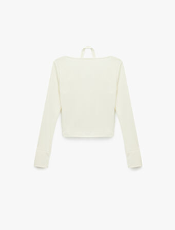 Slim Fit Uzun Kollu Metal Aksesuarlı Pencere Detaylı Halter Yaka Tişört