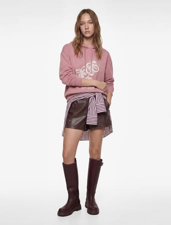 Şardonlu Kapüşonlu Çiçek Baskılı Oversize Sweatshirt