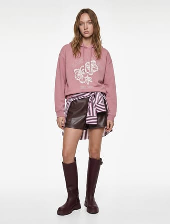 Şardonlu Kapüşonlu Çiçek Baskılı Oversize Sweatshirt