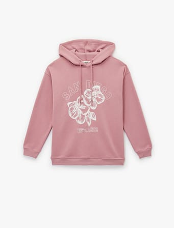 Şardonlu Kapüşonlu Çiçek Baskılı Oversize Sweatshirt