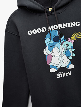 Stitch Lisanslı Kapüşonlu Uzun Kollu Baskılı Oversize Sweatshirt